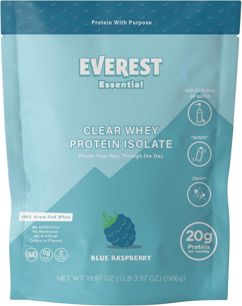 Everest Essential, 100% Grass-Fed Proteïnepoeder (20 porties), Blue Raspberry, Zero Sugar, Lactose-Free, Electrolyte-Infused, Grass-Fed Whey Protein Isolaat, Natuurlijke smaak, 20g Proteïne per portie