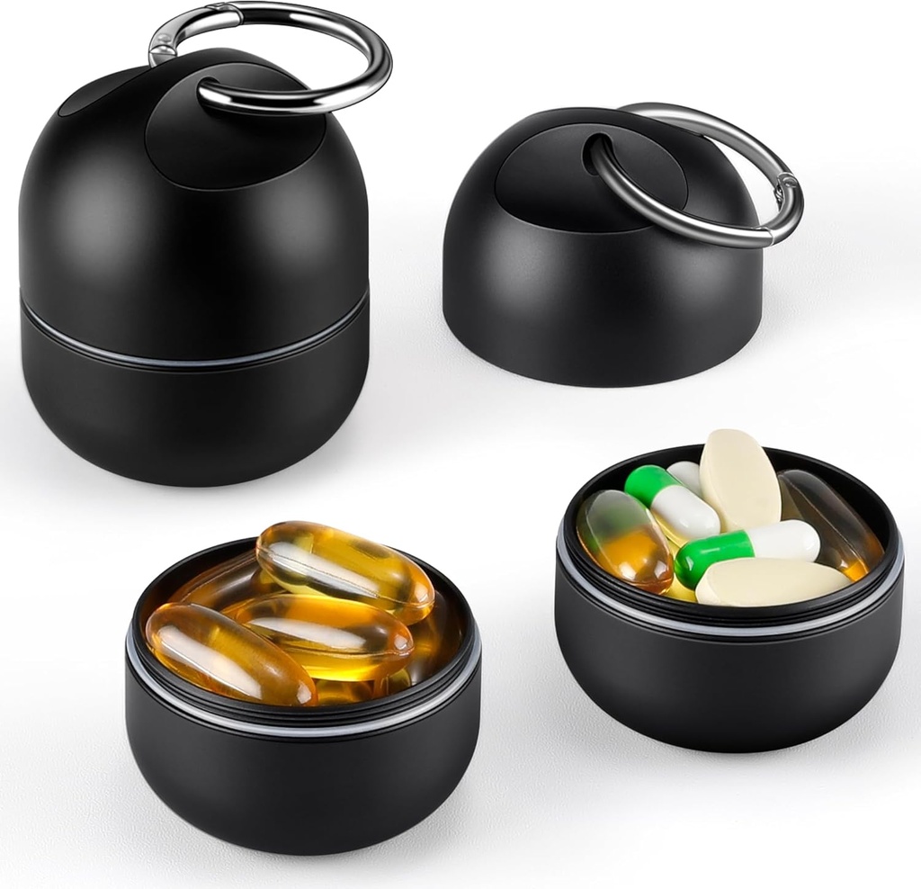 Zannaki Small Portable Single Pill Box Keychain - Metal Daily Travel Pill Organizer Case, waterdichte pil houder fles, schattige geneeskunde vitamine supplement container drager voor zak of portemonnee, zwart