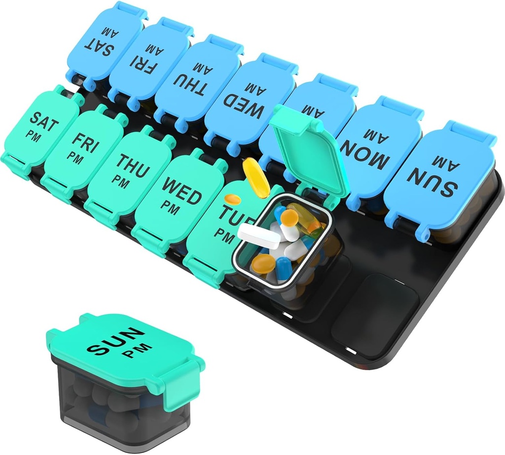 Grote 7 dagen pil Organisator, XL AM PM Twee keer een dag medicijn opslag doos, grote 2 weken pil houder voor pillen, vitamines & supplementen, reis pil geval voor medicatie(Blue+ Cyaan)