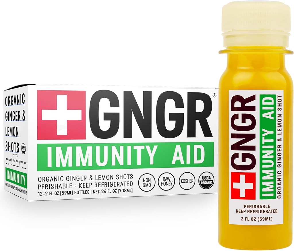 +GNGR Immunity Aid Organic Ginger, Lemon & Honey Shot - Cold Pressed Gember Shots with Echinacea, Lemon Juice, Honing, Zink & Vitamin D3, Immuun & Digestive Support 2 fl oz (Pack of 12)