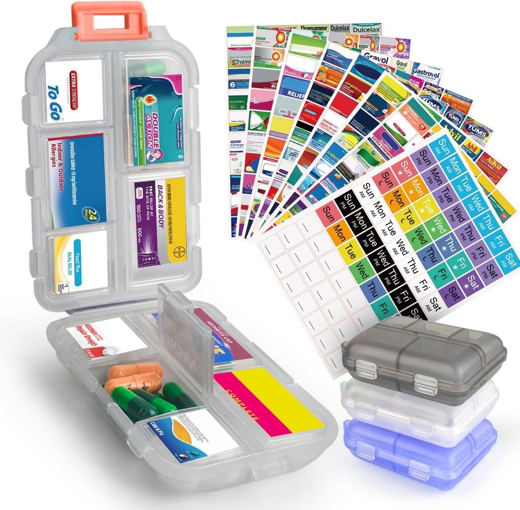 3 stuks DIY Travel Pill Organizer met labels Pocket Pharmacy, 3 pil Box & 420 Medicine labels, Portable Travel Essentials Mini Pill Container 7 dagen pil opslag Vitamine Visolie (Set A)
