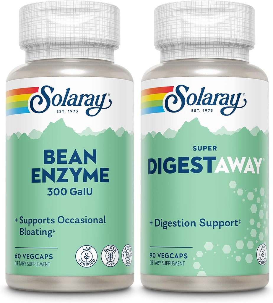 SOLARAY Bean Enzyme and Super Digestaway - Digestive Enzymes Bundle - Alpha Galactosidase, Papain, Ginger, Pepsin, Betaine HCl, Aloë Vera en meer - Digestie en Nutrient Absorptie Ondersteuning, 60/90ct
