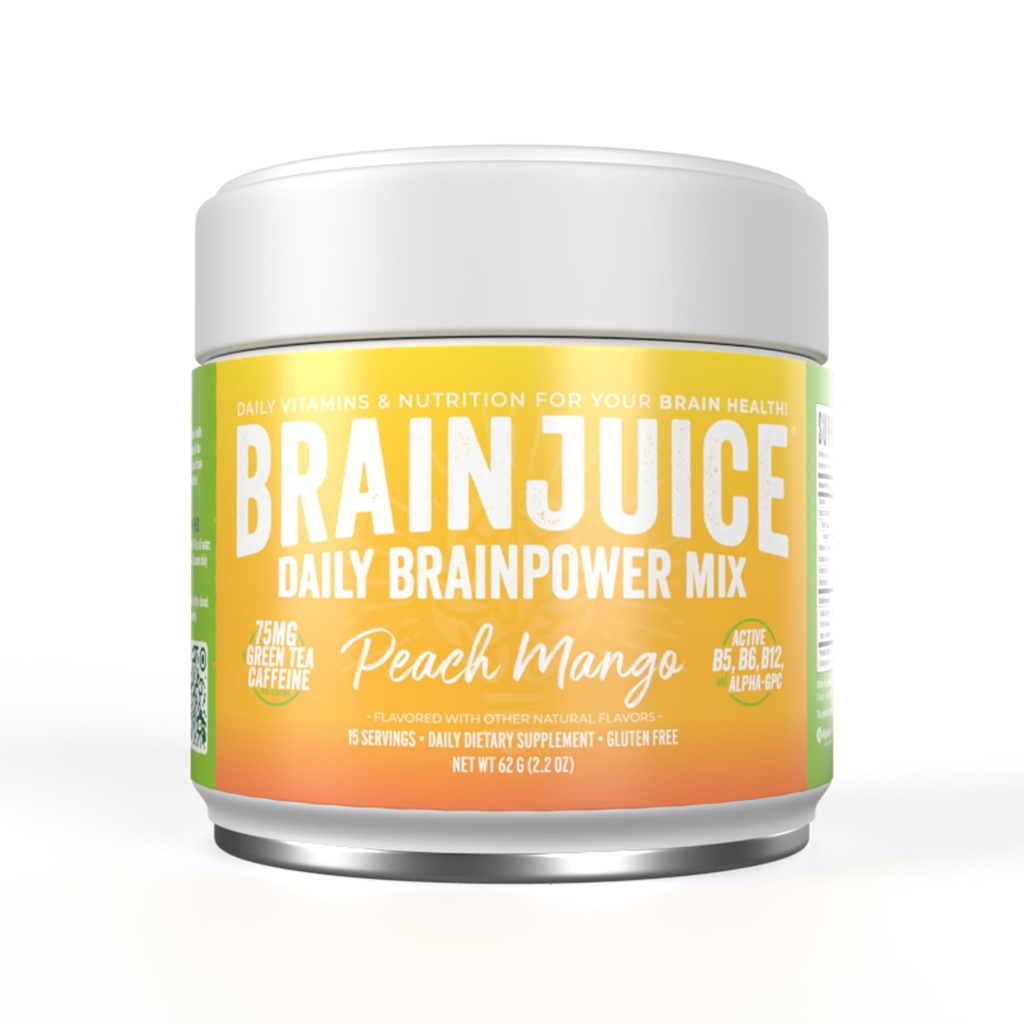 BrainJuice Nootropics Brain Support Supplement, Glutenvrij Poeder voor Energie en Focus, Drink Mix met L Theanine, Alpha GPC, Vitamine B, Biologische Groene Thee Extract Cafeïne, Perzik Mango, 15 porties