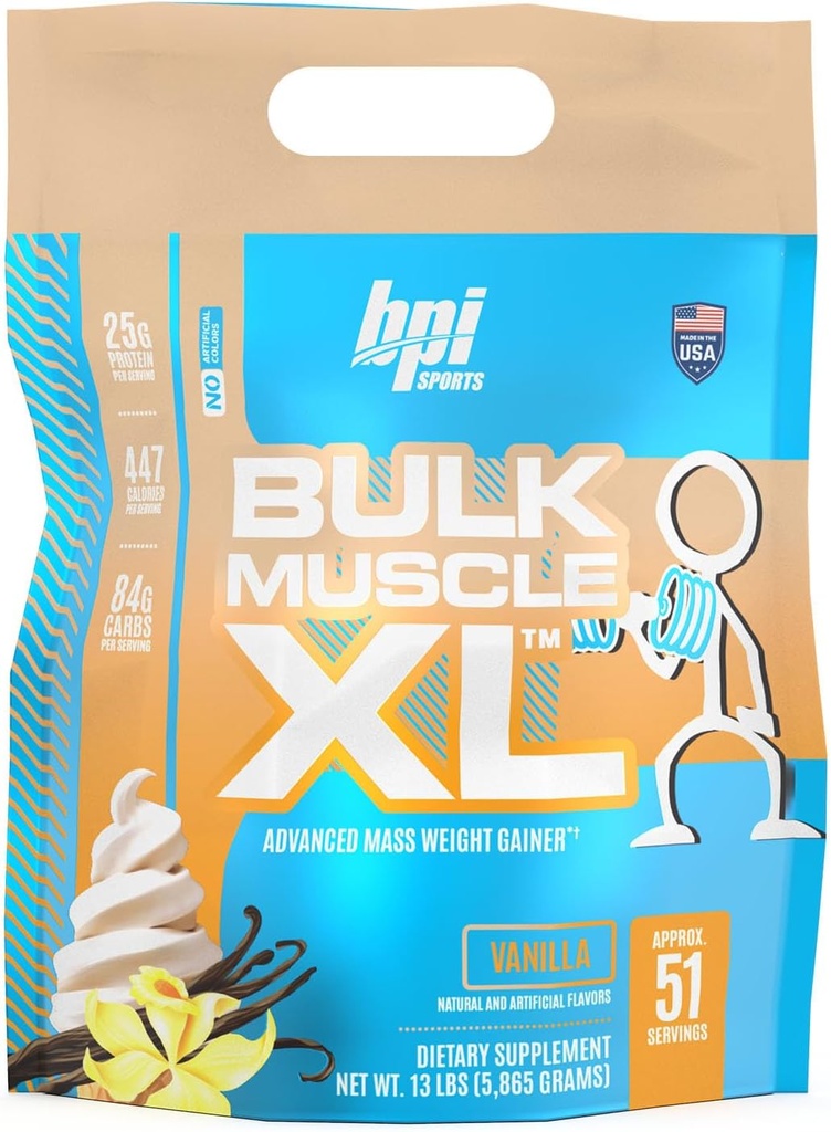 BPI Sport Bulk Muscle XL - Advanced Mass Weight Gainer for Serious Muscle Building & Recovery, 25g Proteïne & 497 Calorieën Per Serving - Chocolade, 13lb Bag (13lb, Vanille)
