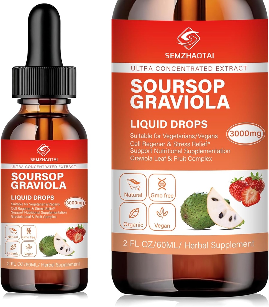 Soursop Graviola Leaf Extract & Sea Moss Liquid Drops - Cell Support, Immunity Boost, Lever Gezondheid, Slaaphulp & Antioxidanten - Pure Soursop Bitters, 2 maand aanbod, 2 Fl Oz (2oz, Aardbei)