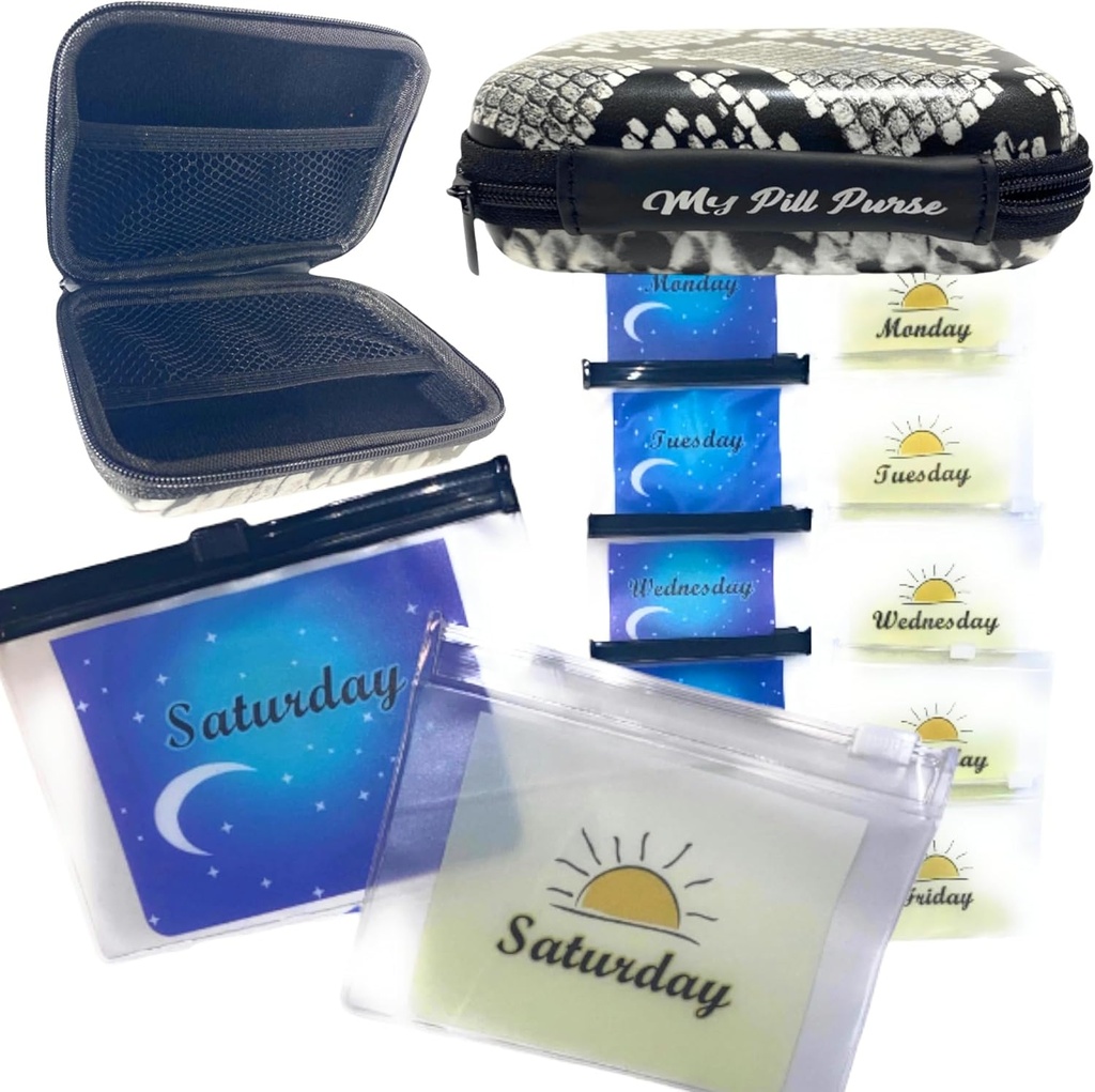 Am Pm Pillen Organisator 7 Dag Zwart/Wit Faux Snake Skin Medicine Opslag Case grootte 5.5 X 4 X 1,75 in. Med Portemonnee 14 Herbruikbare kleine pil Baggies 3x4 in. Pillen zakjes voor de geneeskunde, Dagen van de Week