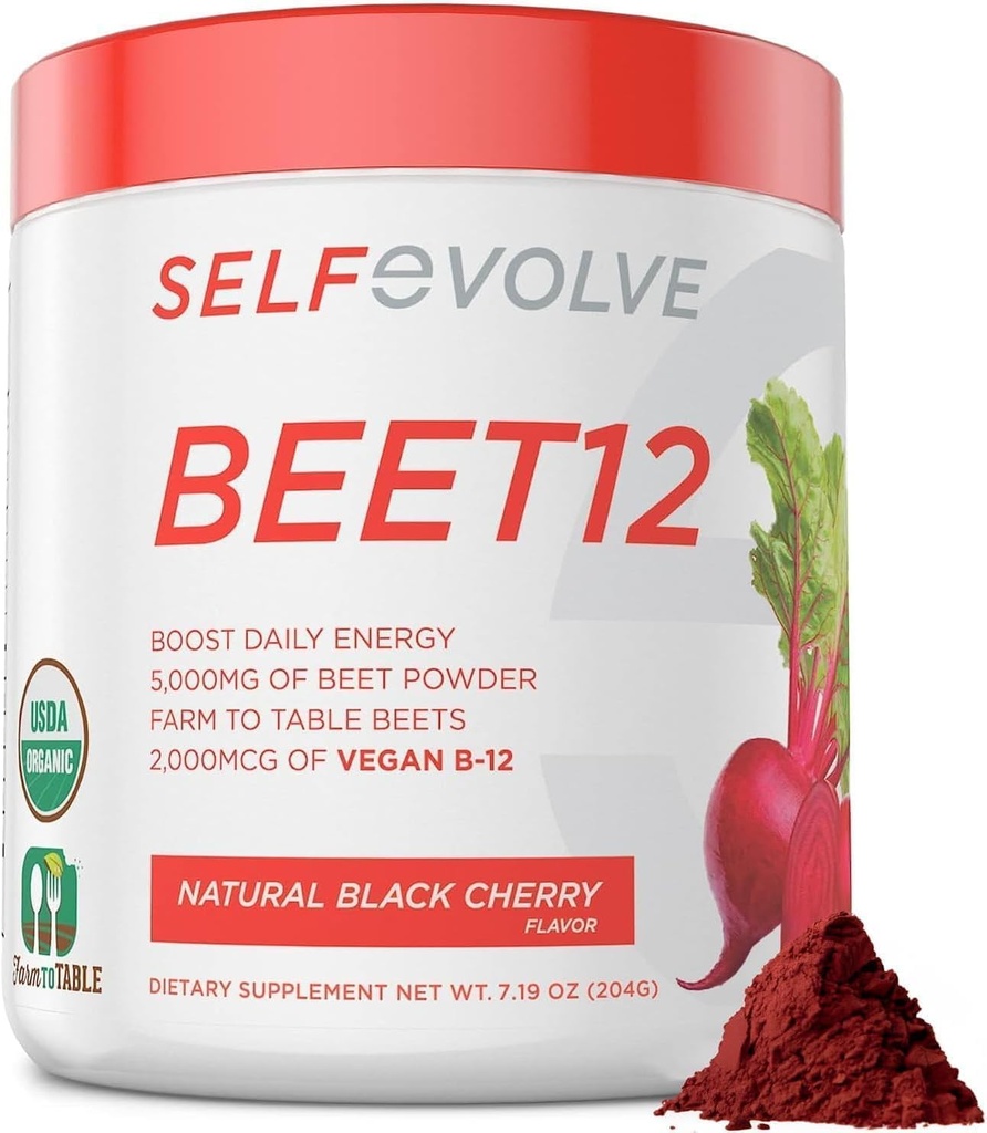 Beet Root Powder Organic 5000mg with Vitamin B12 (Methylcobalamin) and Trace Minerals in Natural Black Cherry Flavor, 0g Added Sugar – Vegan Dietary Supplement (30 Servings)