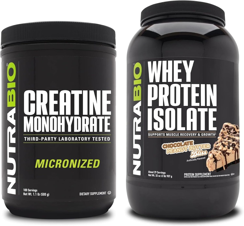 NutraBio Creatine Monohydraat, Unflavored, 500g en Wei Proteïne Isolaat, Chocolade Pindakaas, Supplement Bundle - Spierenergie, Lean Spiergroei, Herstel, en kracht