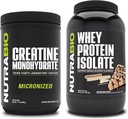NutraBio Creatine Monohydraat, Unflavored, 500g en Wei Proteïne Isolaat, Chocolade Pindakaas, Supplement Bundle - Spierenergie, Lean Spiergroei, Herstel, en kracht