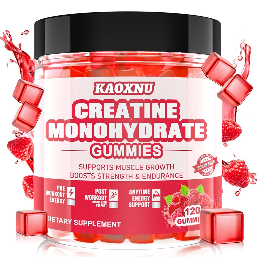 Creatine Monohydraat Gummies for Men & Women 120 CT - 5000mg Creatine Monohydraat per Serving - Suikervrije Kauwbare Creatine voor spierkracht, spier Builder, Energie Boost (Raspberry Flavor)