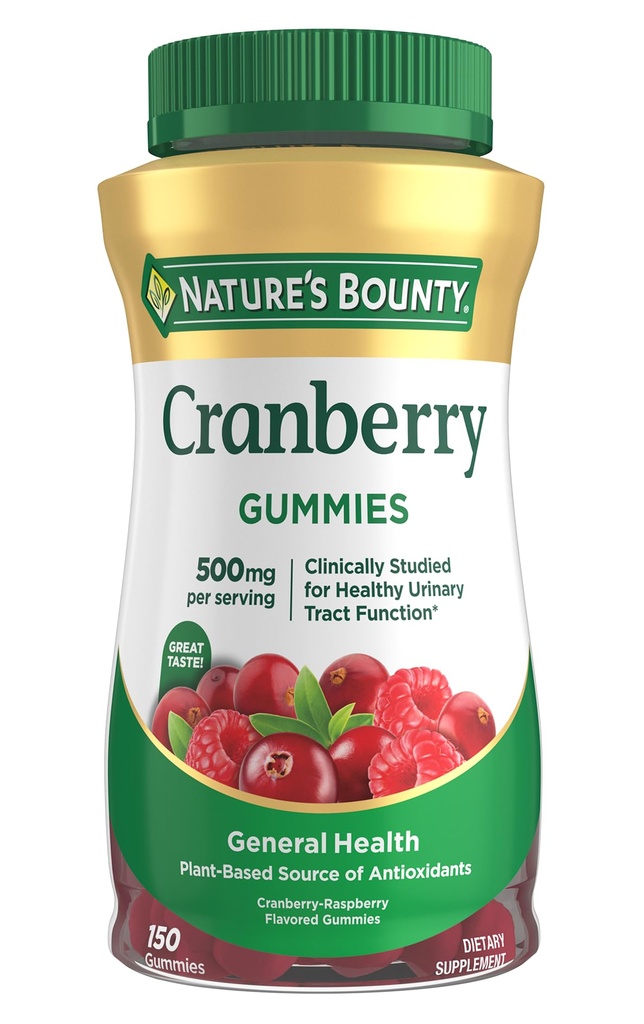 Nature's Bounty Cranberry Gummies, Urinaire Tract Ondersteuning, 500 mg, Cran-Raspberry Flavor, 150 Ct