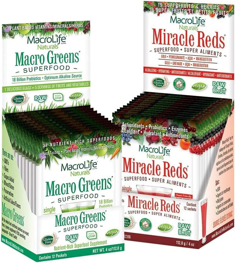 MacroLife Naturals Macro Greens & Miracle Reds Immunity Bundle - Superfood Antioxidant - Kruiden, Fruit & Bessen Probiotic Immunity Non-GMO, Vegan, Gluten-Free, Dairy-Free - 24 Packet Servings