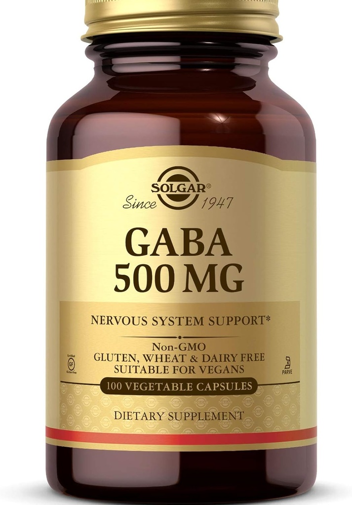 Solgar GABA 500 mg, 100 Vegetable Capsules - Relaxation & Nervous System Support - Amino Acid - Non-GMO, Vegan, Gluten Free, Dairy Free, Kosher - 100 Servings
