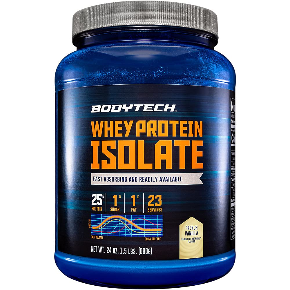 BodyTech Whey Protein Isolate Powder, French Vanilla Flavor, 25g Proteine per Serving, High Concentrated Protein Powder with Amino Acids & BCAAs for Men and Women, Gluten Free, 1.5 lb, 23 Servings
