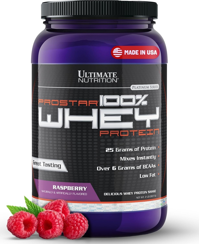 Ultimate Nutrition Prostar Whey Protein Powder Isolaat, Raspberry - Low Carb, High Protein Powder Shake for Muscle Gain & Recovery - Low Sodium, Low-Fat & Keto Friendly - 2 lbs Tub
