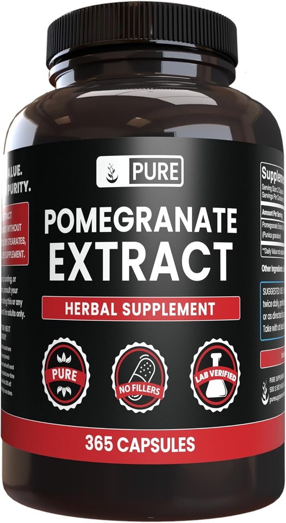 Pure originele ingrediënten Granaatappelextract nr. Magnesium of rijstvullers, altijd zuiver, lab geverifieerd (365 capsules)