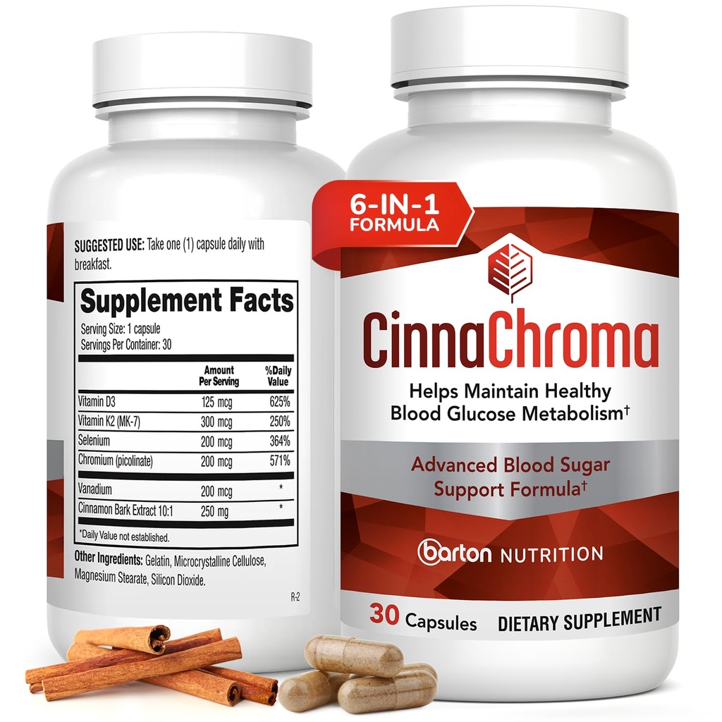 CinnaChroma Capsules - Kaneelsupplementen met 10:1 Extract, Chroom, Vanadium, Selenium, Vitamine D3 & K2 - Natural Sugar Blocker - 30 capsules, 1 maand levering
