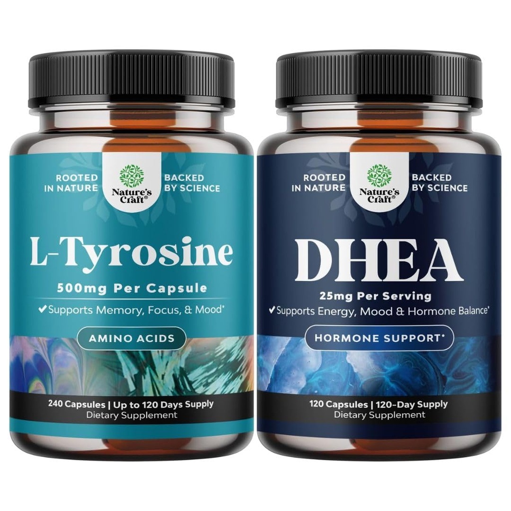 Bundle of Free Form L Tyrosine 1000mg Capsules - Amino Acid Nootropic for Mood Focus Attentie & Cognitive Performance and DHEA Supplement for Hormone Balance - Dehydroepiandrosteron for Adults
