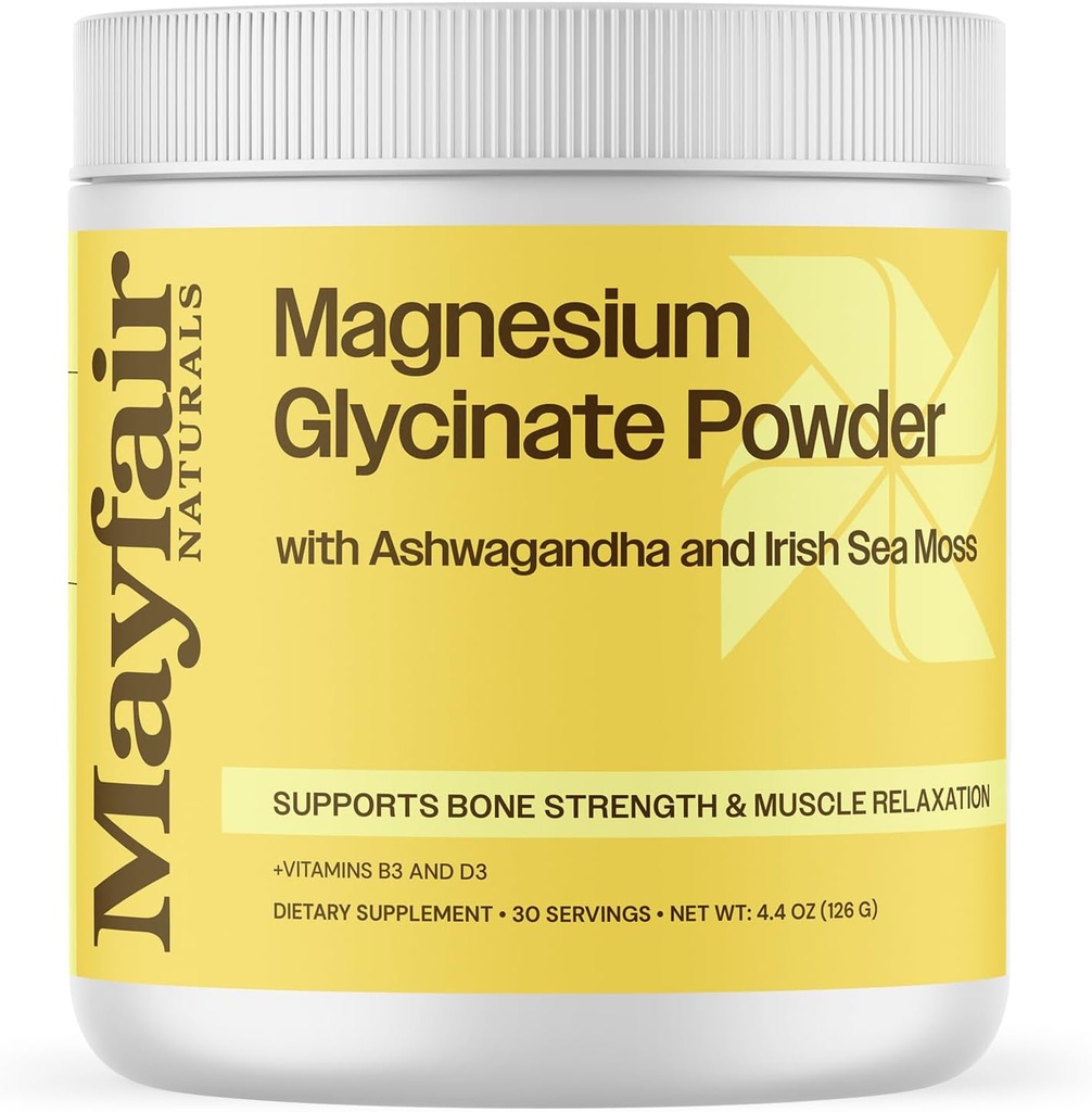 Magnesium Glycinate Powder Supplement, met Ashwagandha en Ierse Zee Mos, ondersteunt bot sterkte & spierontspanning, 30 porties