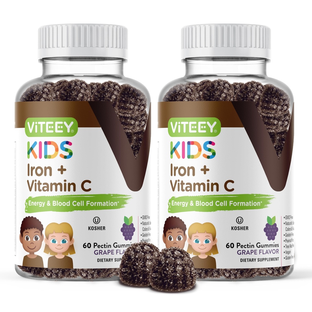 VITEEY ijzer voor kinderen met vitamine C - Ondersteunt energie, bloedcel Formulatie, bloed bouwer bloedarmoede Kids ijzer supplementen - Veganistisch, gelatinevrij, glutenvrij - smakelijk Kauwbare druiven smaak Gummy