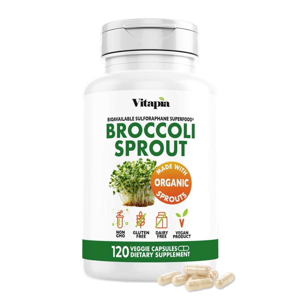 Vitapia Organic Broccoli Sprout & Broccoli Extract for Sulforaphane, Antioxidant, Brain, Skin, Heart Health Support - 120 Veggie Capsules - Non-GMO, Glutenvrije, Vegan-Friendly Supplement