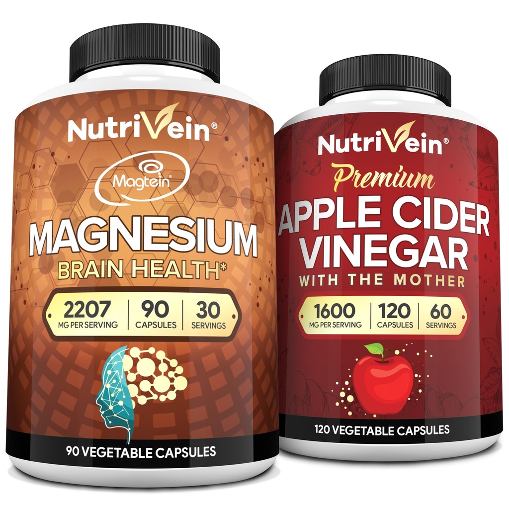 Nutrivein Premium Apple Cider Vinegar Capsules & Magnesium L-Threonate Bundle: High-Absorptie Magnesium Threonate Supplement en Apple Cider Vinegar Supplementen voor hersenen, darm, & algehele welzijn