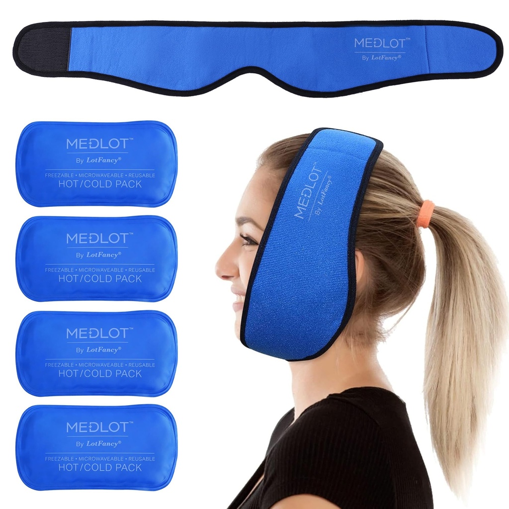 LotFancy Face Ice Pack Wrap voor TMJ, Wijsheidstanden, met 4 herbruikbare Hot Cold Therapie Gel Packs, pijnverlichting voor hoofd, orale en gezichtschirurgie, tandheelkundige implantaten, blauw