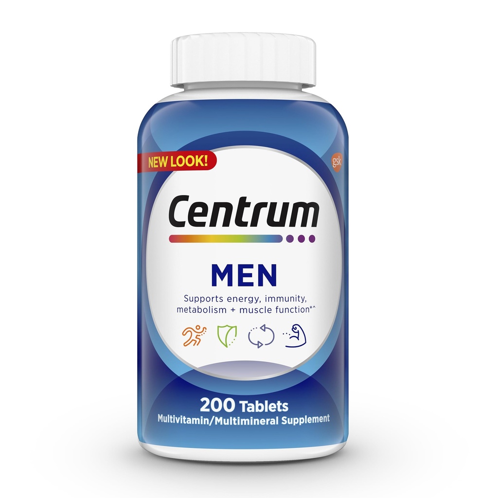 Centrum Multivitamine voor mannen, Multivitamine/Multimineral Supplement met Vitamine D3, B Vitaminen en Antioxidanten, Glutenvrij, Niet-GMO Ingrediënten - 200 Tel.