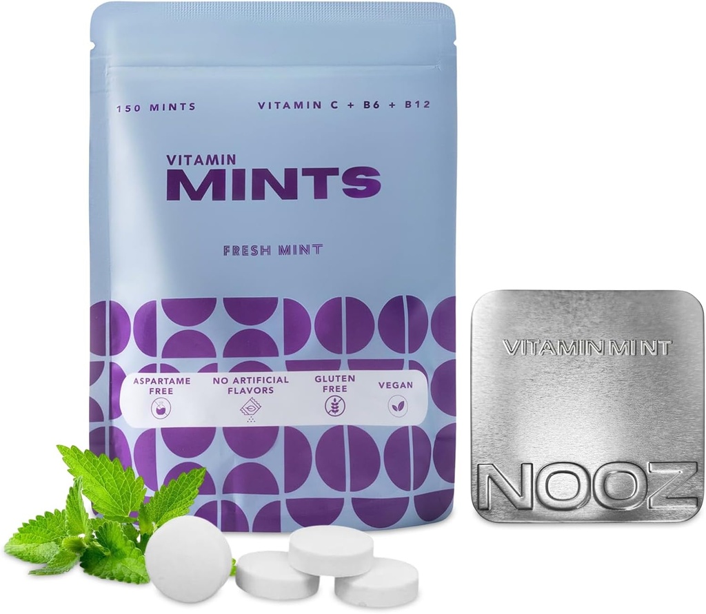 NOOZ Vitaminemunten - Immuniteit en vitaliteit - Verfrissende mintsmaak - Suikervrije, vitaliteitsbevorderende supplementen voor vermoeidheidsvermindering en Wellness - Niet-GMO, 150 Mints Refill Bag
