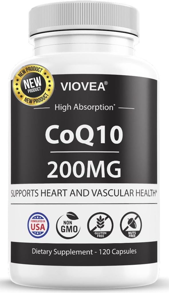 CoQ10 - Made in USA, 120 Capsules, 200mg (4-Month Supply), Ultra High Absorption Coenzyme Q10 Supplement - Antioxidant for Heart, Vascular Health and Energy Boost