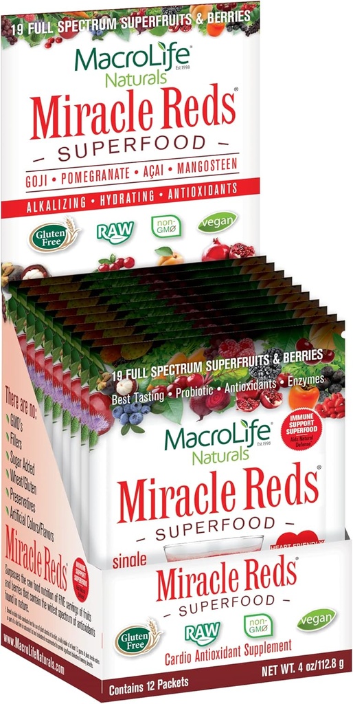 MacroLife Naturals Miracle Reds Superfood Supplement Powder Antioxidants Polyfenolen Enzymes Probiotica - Rauwe Non-GMO Biologische Vegan Gluten & Dairy Free (12 Packet)