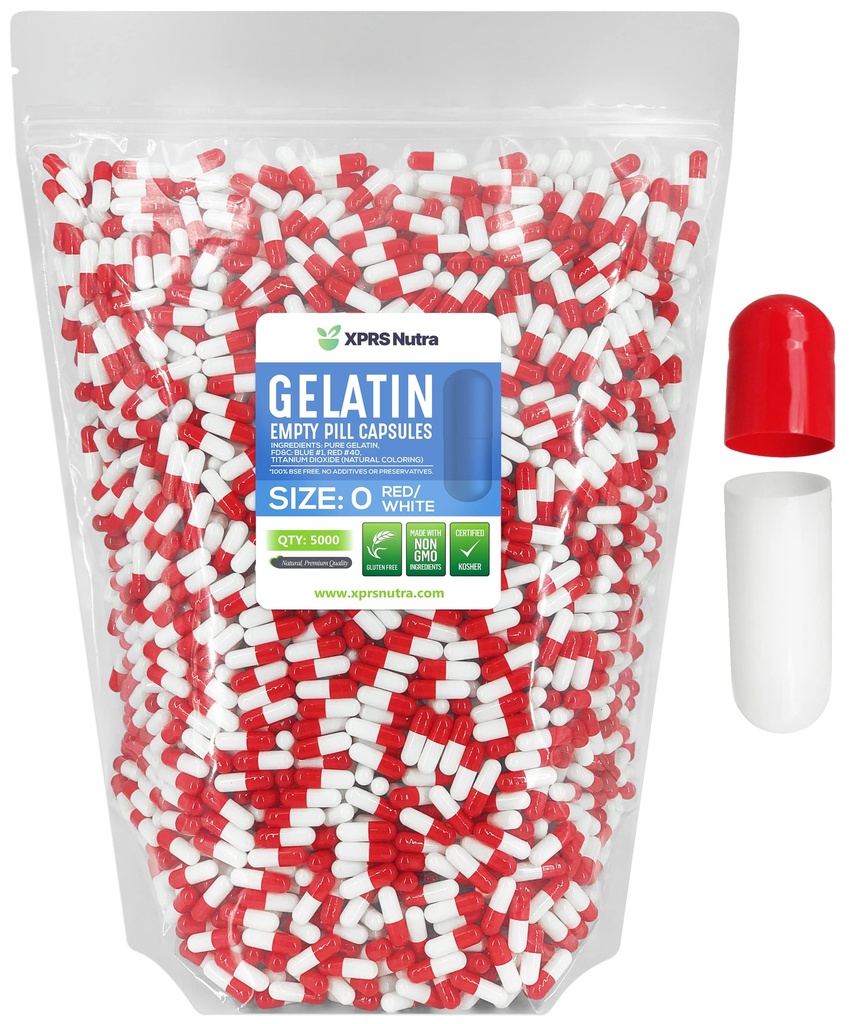 XPRS Nutra Size 0 Empty Capsules - 5000 Count Empty Gelatin Capsules - Pills DIY Capsule Filling - Pure Bovine Pill Gel Caps for Do-It-Yourself Supplements (Red/White)