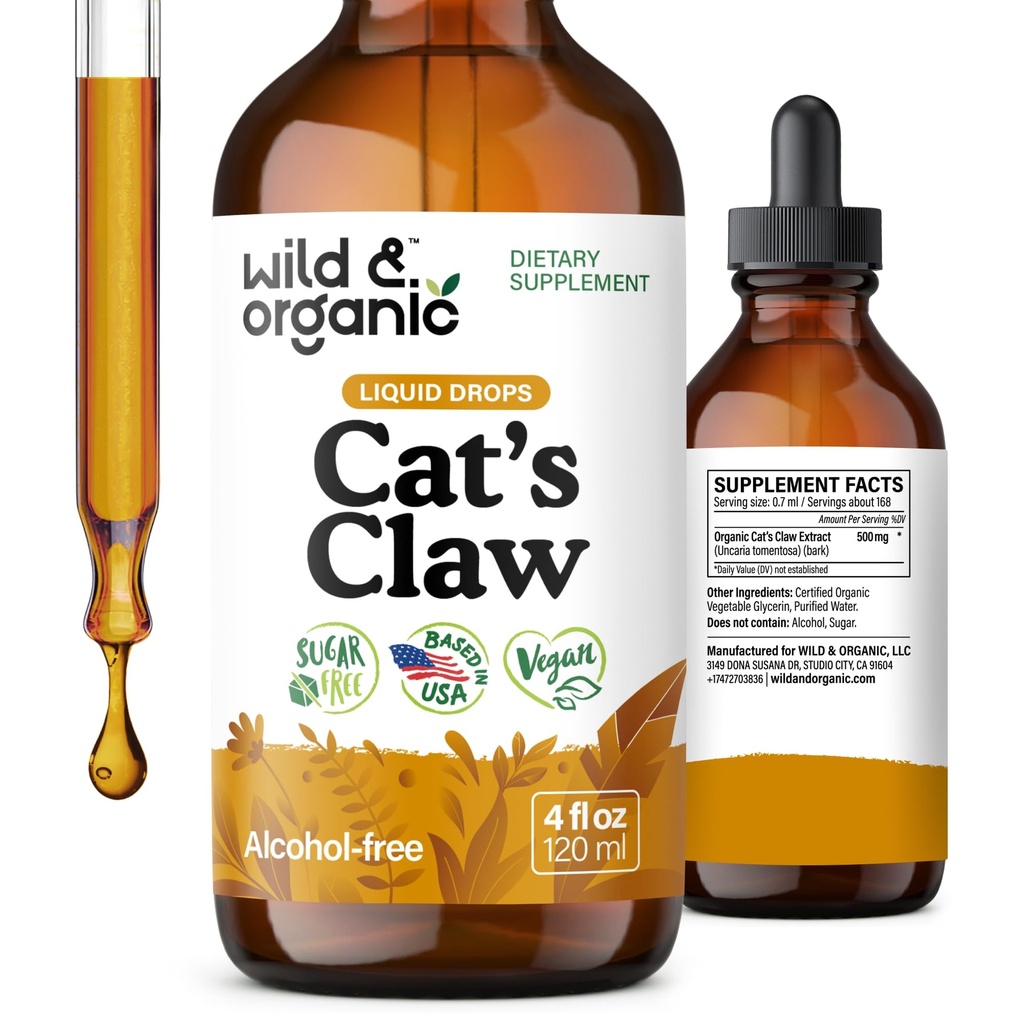 Wild & Organic Cats Claw Tinctuur - Immune Support Supplement - Cats Claw Herb Liquid Extract - Vegan, Sugar & Alcoholvrije Bark Based Drops - 4 fl oz