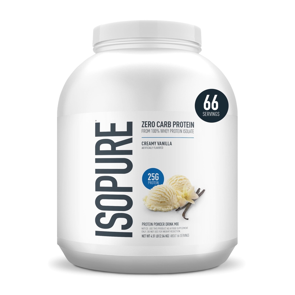 Isopure Zero Carb 100% Pure Wei Isolaat Proteïne Poeder, Lactosevrij, Glutenvrij, Met Vitaminen, Romige Vanille, 25g Proteïne Per Serving, 4,5 Lbs, 66 Servers (Verpakking mei Vary)
