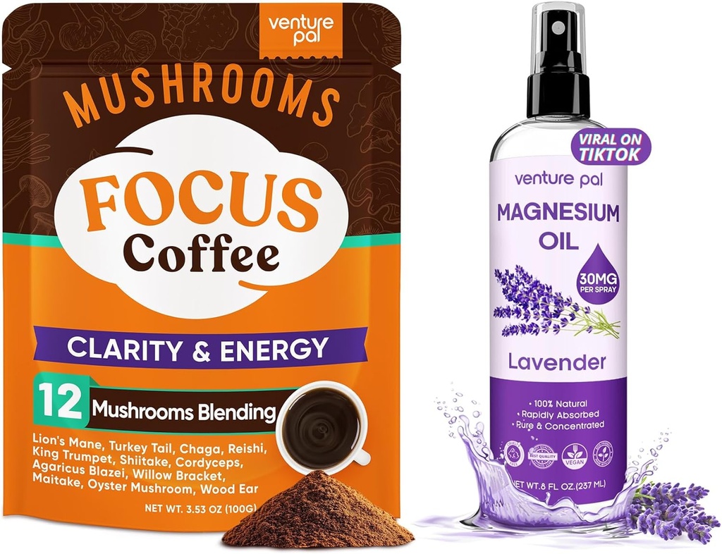 Venture Pal Mushroom Koffie & Magnesium Oil Spray Bundle: 12 in 1 Koffie met Ashwagandha voor Focus & Immunity + Magnesium Oil Spray met Lavendel voor Slaap & Muscle Relief - 40 porties & 8 oz