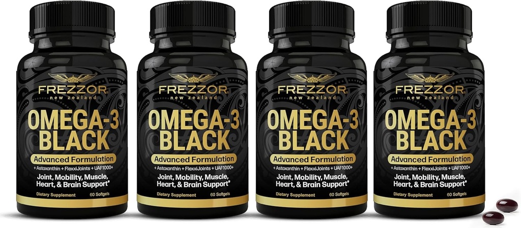 FREZZOR Omega 3 Black - Highest Strength Green Lipped Mussel Oil Capsules, Made in New Zealand, UAF1000+, Inflammation, Joint Care & Relief, Heart & Immune Support, 60 Count (Pack of 4)