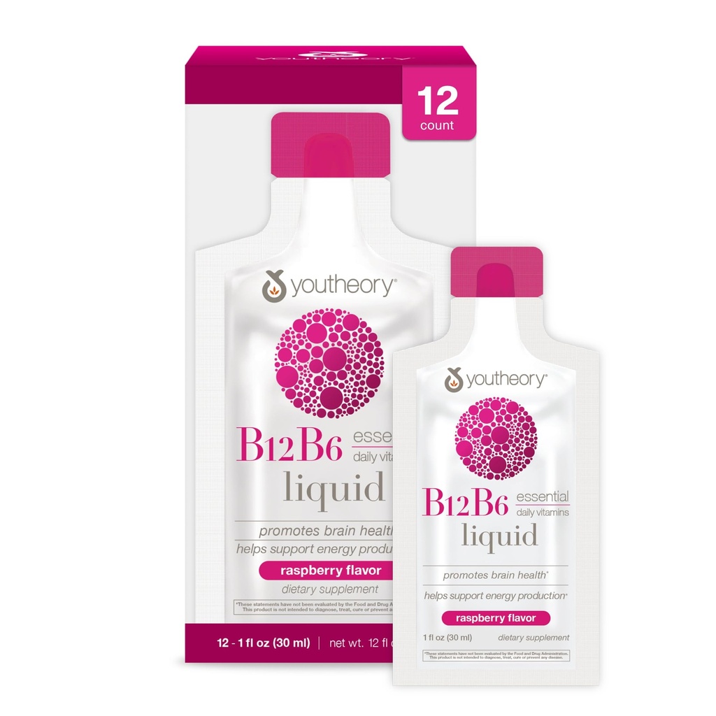 Youtheory vitamine B12 B6, dagelijkse energie en hersenen ondersteuning supplement, vloeibare framboos smaak, 12 