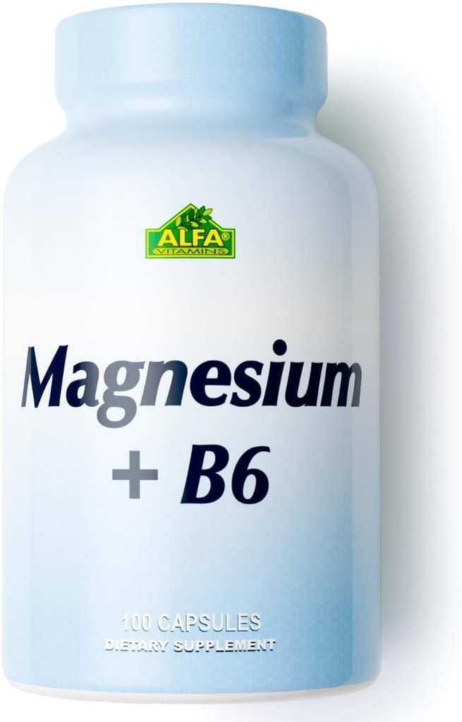 Magnesium Plus B-6 500 Mg door Alfa Vitaminen - Cardiovasculaire Gezondheid - Ondersteunt energieproductie &r Enzyme Functie - 100 Capsules