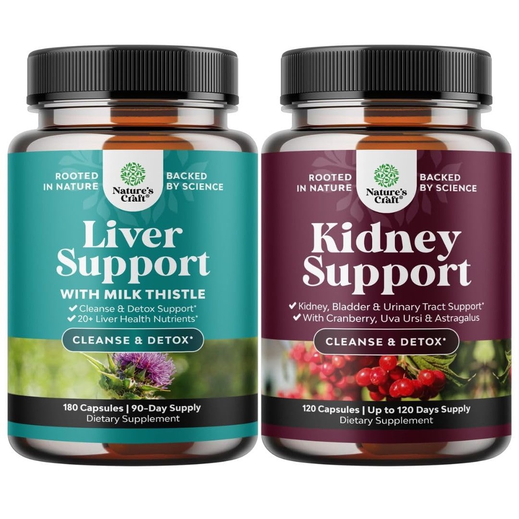 Bundle of Liver Cleanse Detox with Milk Thistle Dandelion Root Choline Beetroot Artichoke and Kidney Support with Cranberry Uva Ursi Stinging Nettle Chanca Piedra for Urinary Tract and Bladder Health
