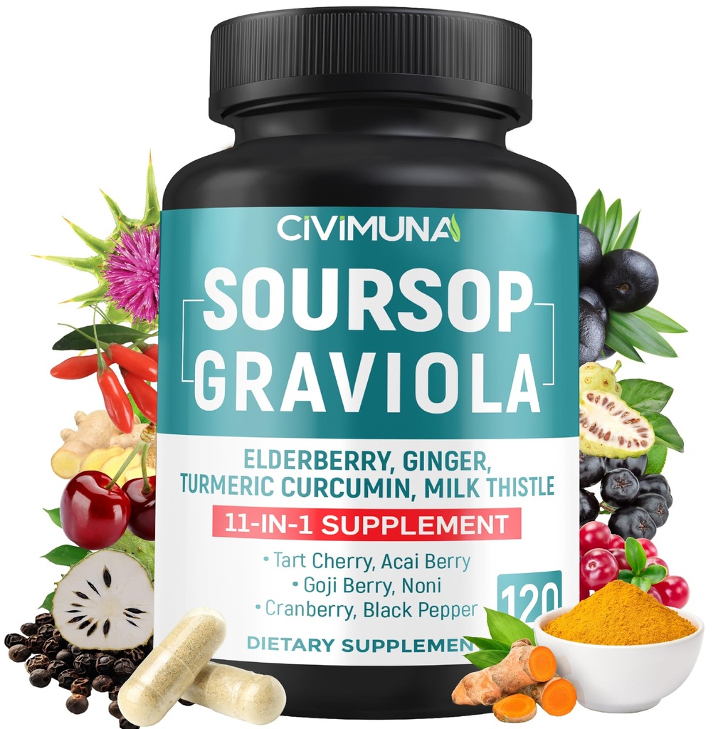 Soursop Graviola Capsules met Vlierbessen, Kurkuma, Gember, Melkdistel, Tart Cherry en meer - 120 Capsules voor 4 maanden levering