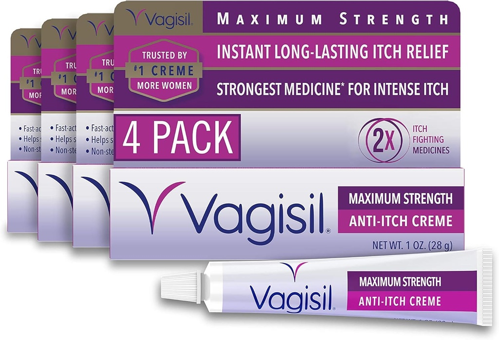 Vagisil Maximale sterkte Vrouwelijke anti-Itch Cream met Benzocaine voor vrouwen, helpt verlichten Gistinfectie Irritatie, Gynecoloog Getest, snelwerkend, kalmeren en koelen huid, 1 oz (pakket van 4)