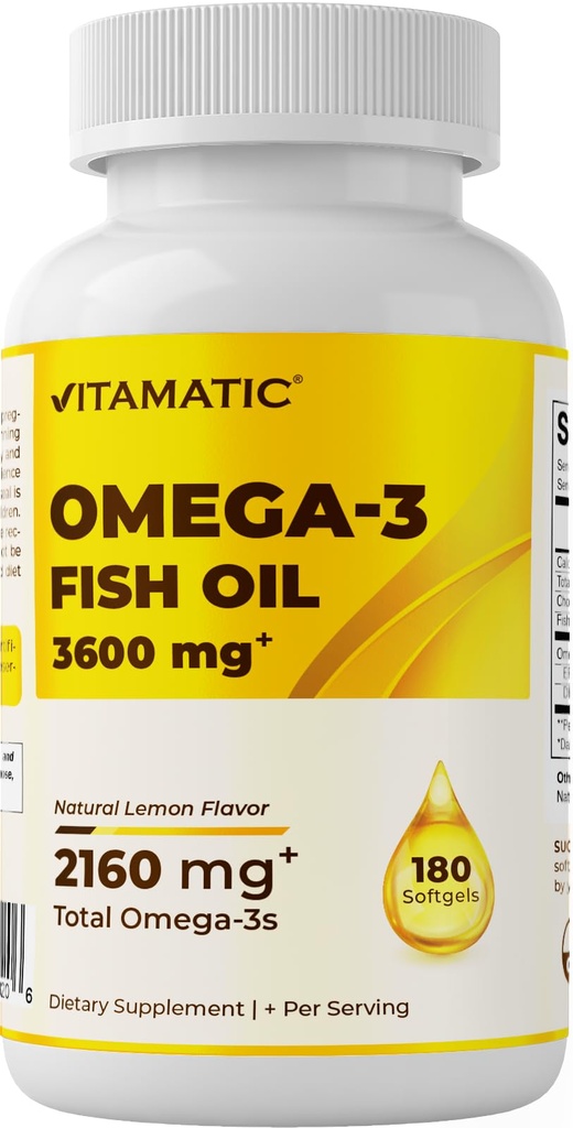 Vitamatic Triple Strength Omega 3 Fish Oil 3600mg Per Serving, 2160mg Omega 3 Vetzuren, 1296mg EPA + 864mg DHA, Burpless Lemon Flavor, 180 Softgels