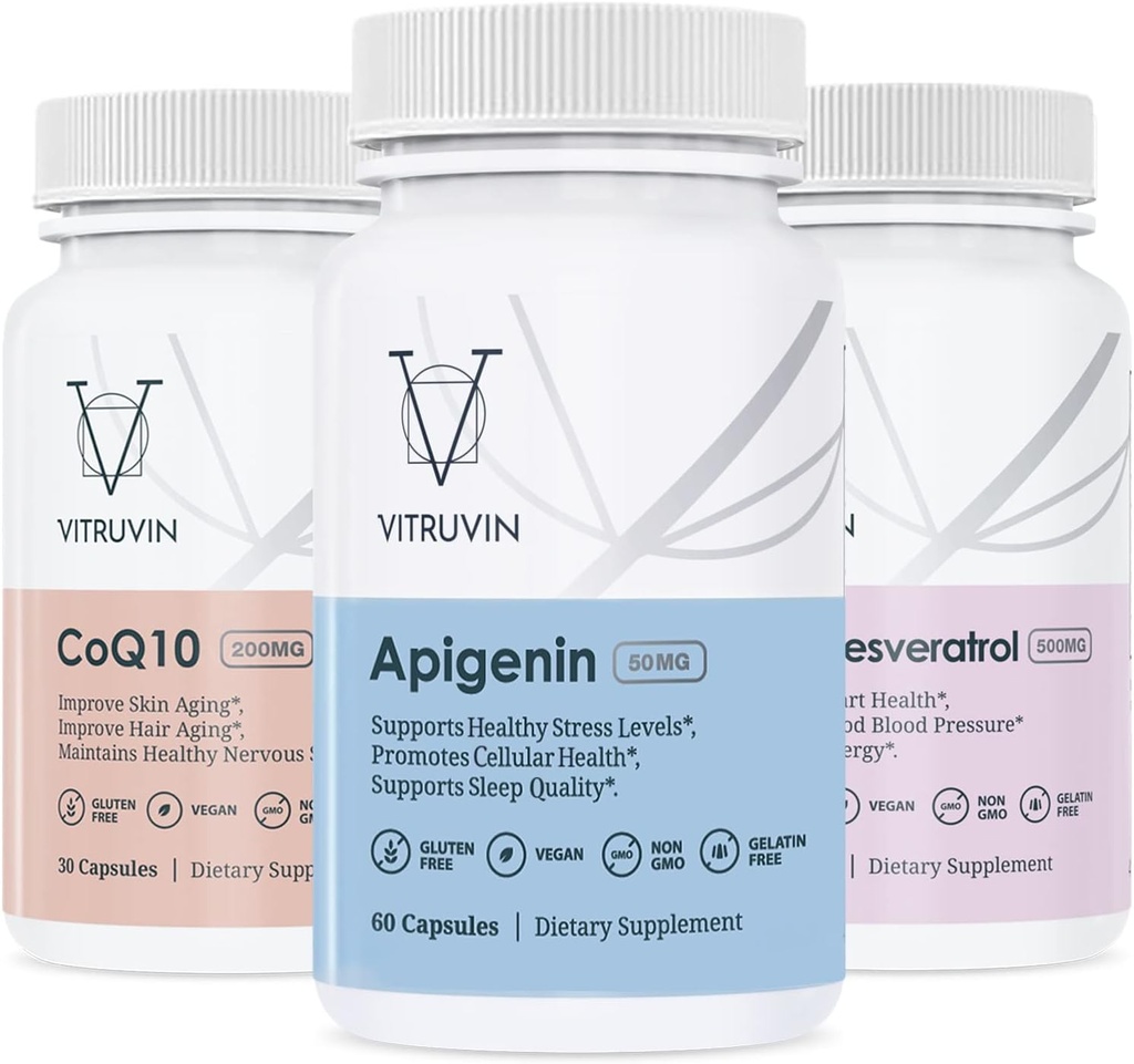 Vitruvin Sport Recovery (Apigenin 2 x 50mg, COQ10 200mg, Resveratrol 500mg) Vegan, Non-GMO, Glutenvrij, Gelatinevrij.
