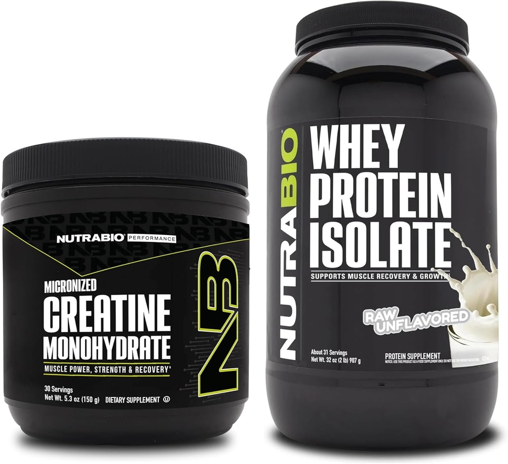 NutraBio Creatine Monohydraat, Unflavored, 150g en Wei Proteïne Isolaat, Unflavored, Supplement Bundle - Spierenergie, Lean Spiergroei, Herstel, en sterkte