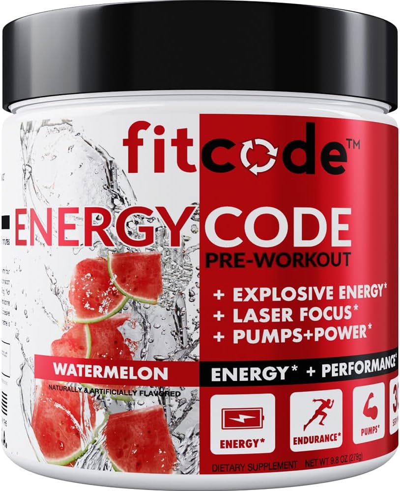 fitcode EnergyCode - Pre-workout met Creatine Powder - Energy & Performance Drink - Muscle Strength & Endurance Supplement - Bevat Cafeïne - 30 porties - Watermeloen