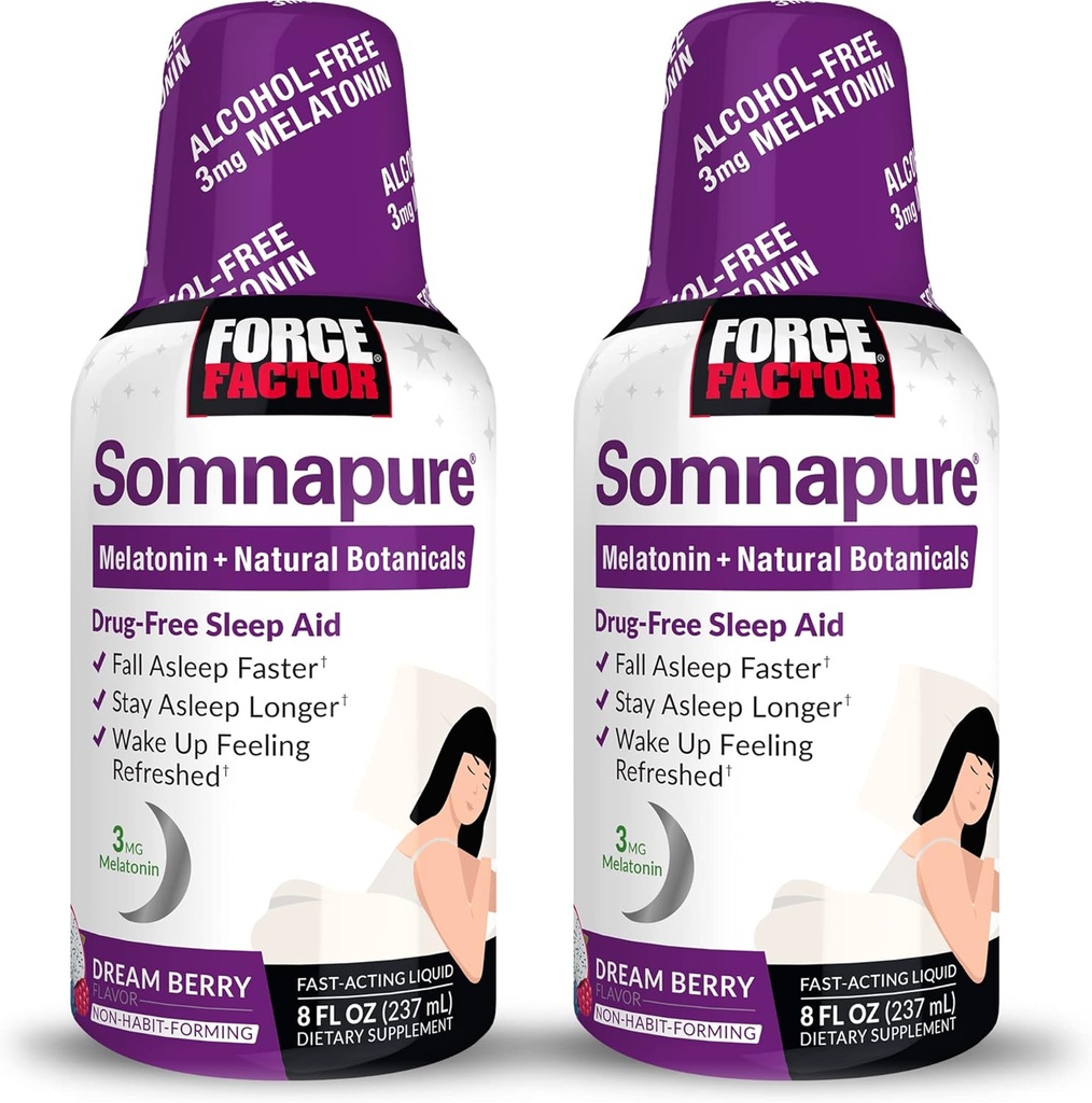 FORCE FACTOR Somnapure, 2-pack, slaaphulp voor volwassenen met Melatonine, Valeriaanwortel, & Lemon Balm, vloeibare supplement om te vallen slaap sneller, slaap langer, & Wake Up Refreshed, 16oz, 48 porties