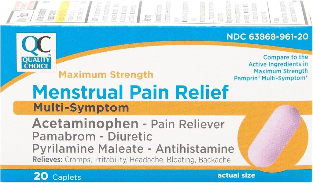 Kwaliteitskeuze Maximale sterkte Gentruale pijnverlichting, Multi Symptoom pijnstillers Capletten, Krampen, Hoofdpijn, Opgeblazen gevoel, Backache & Irritability, 20 Telpakket