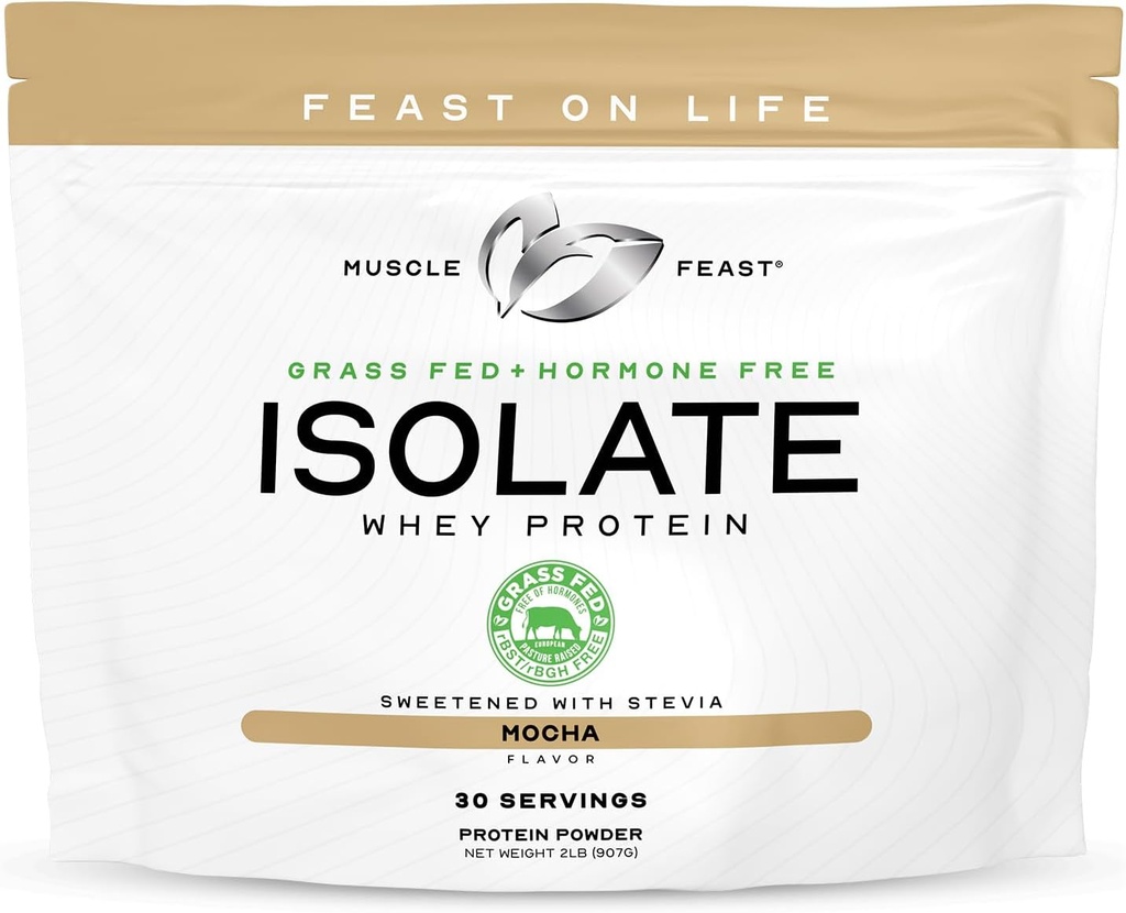Muscle Feast Grass-Fed Wei Proteïne Isolaat, Alle Natuurlijke Hormone Gratis Pasture Verhoogd, Wei Isolaat Proteïne Poeder voor Mannen en Vrouwen, Schoon, Glutenvrij, Heerlijk Isolaat Proteïne - Mokka, 2lb
