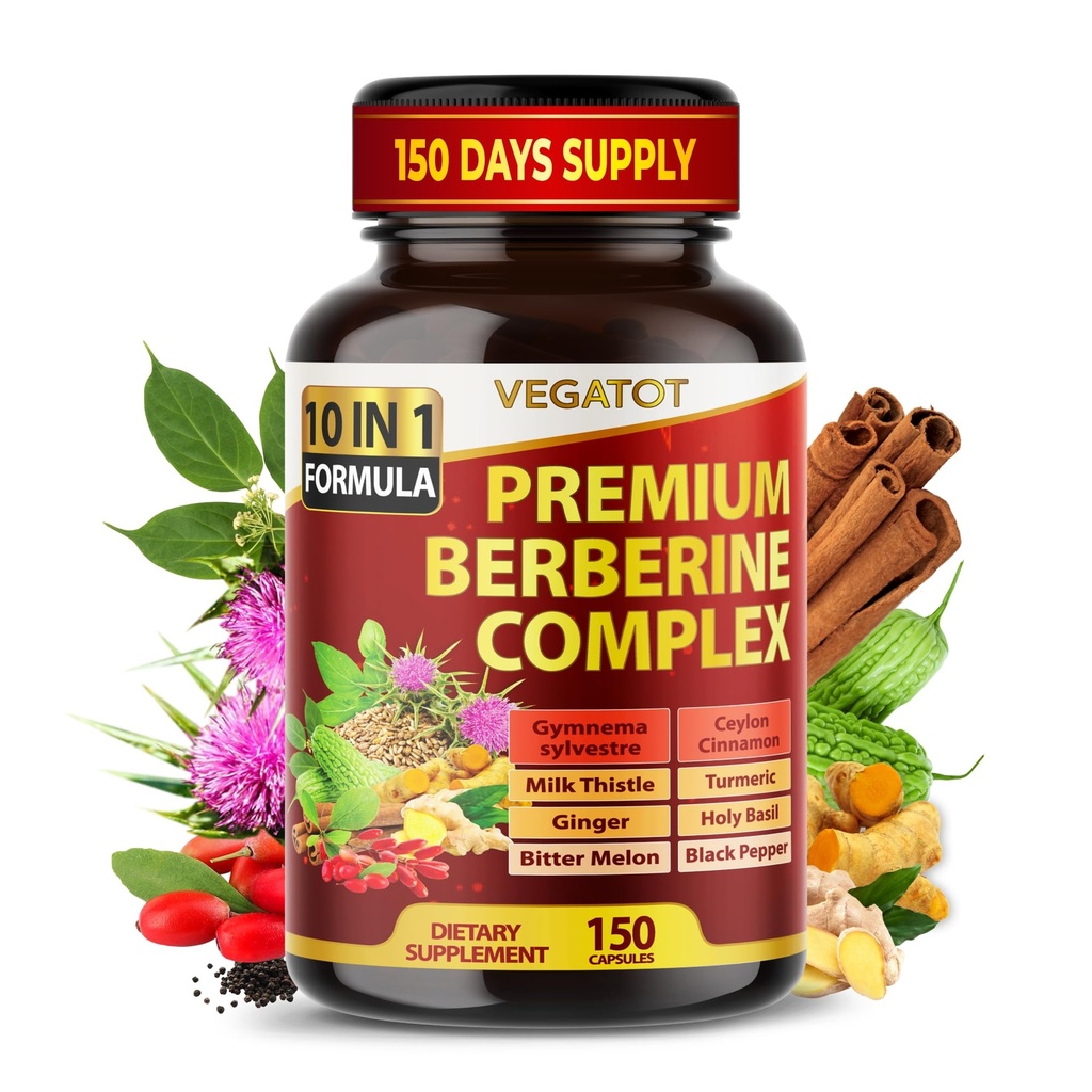 VEGATOT GlucoSavior Berberine Supplement met Ceylon Cinnamon, Bitter Melon, Gymnema - Ondersteunt Immune, Hart Gezondheid en Gastro-intestinale functie - Made in The USA (150 Telling (Pack of 1))
