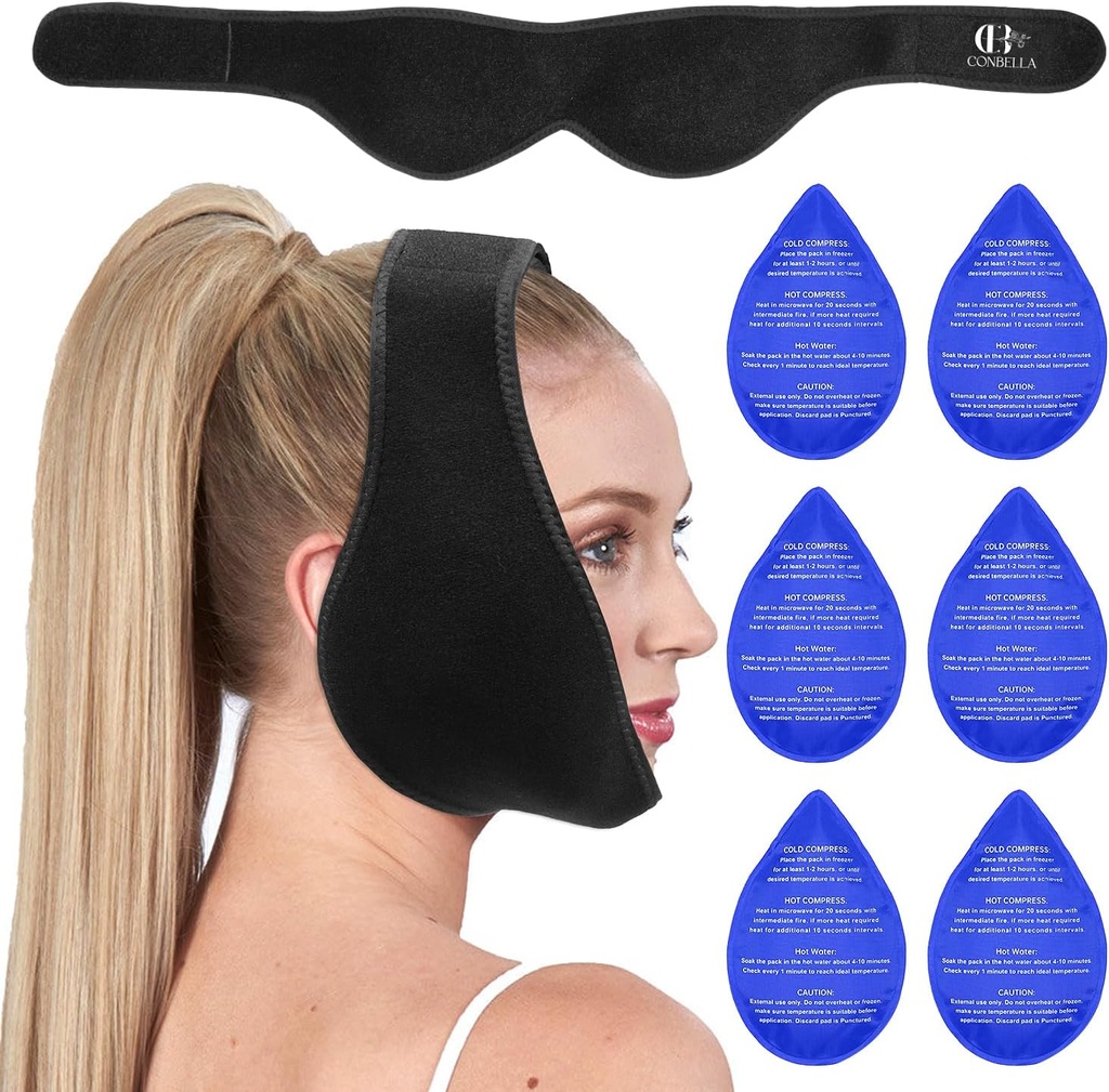 Wijsheid Tanden Ice Pack hoofd Wrap, Gezicht Ice Pack voor Wijsheid Tanden, Jaw Ice Pack voor Gezicht Orale Chirurgie met 6 Hot Cold Gel Pack voor TMJ pijnverlichting, Tand Extractie, Tonsilectomie Herstel-Zwart